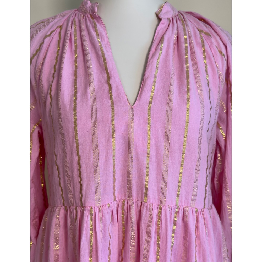 Area Stars Pink Gold Metallic Striped Tiered Cotton Mini Dress Womens Small - Picture 4 of 13